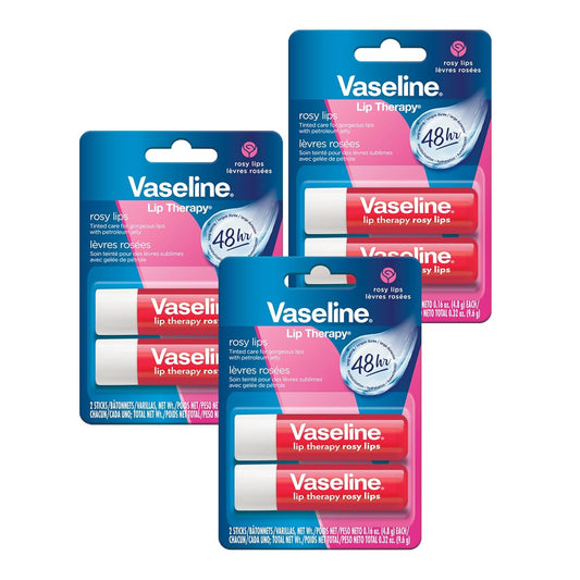 Vaseline Lip Therapy Care Rosy, Fast-Acting Nourishment, Ideal for Chapped, Dry, Cracked, or Damaged Lips, Lip Balm, 3-Pack of 2, 0.16 Oz Each, 6 Lip Balms