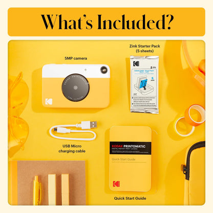 KODAK Printomatic Full-Color Instant Print Digital Camera, Zink 2x3" (5.1x7.5 cm) Sticky-Back Photo Paper, 5MP, Portable, Creative Fun Gift for Birthday, Christmas, Holiday, Yellow
