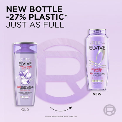 L'Oreal Paris Elvive Hyaluron Plump Hydrating Shampoo for Dehydrated, Dry Hair Infused with Hyaluronic Acid Care Complex, Paraben-Free, 12.6 Fl Oz