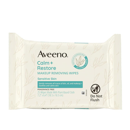 Aveeno Calm + Restore Unscented Makeup Remover Face Wipes, Fragrance Free Facial Cleansing Towelettes with Oat Extract & Calming Feverfew Leave Skin Feeling Soothed, Alcohol Free, 25 ct (Pack of 6)