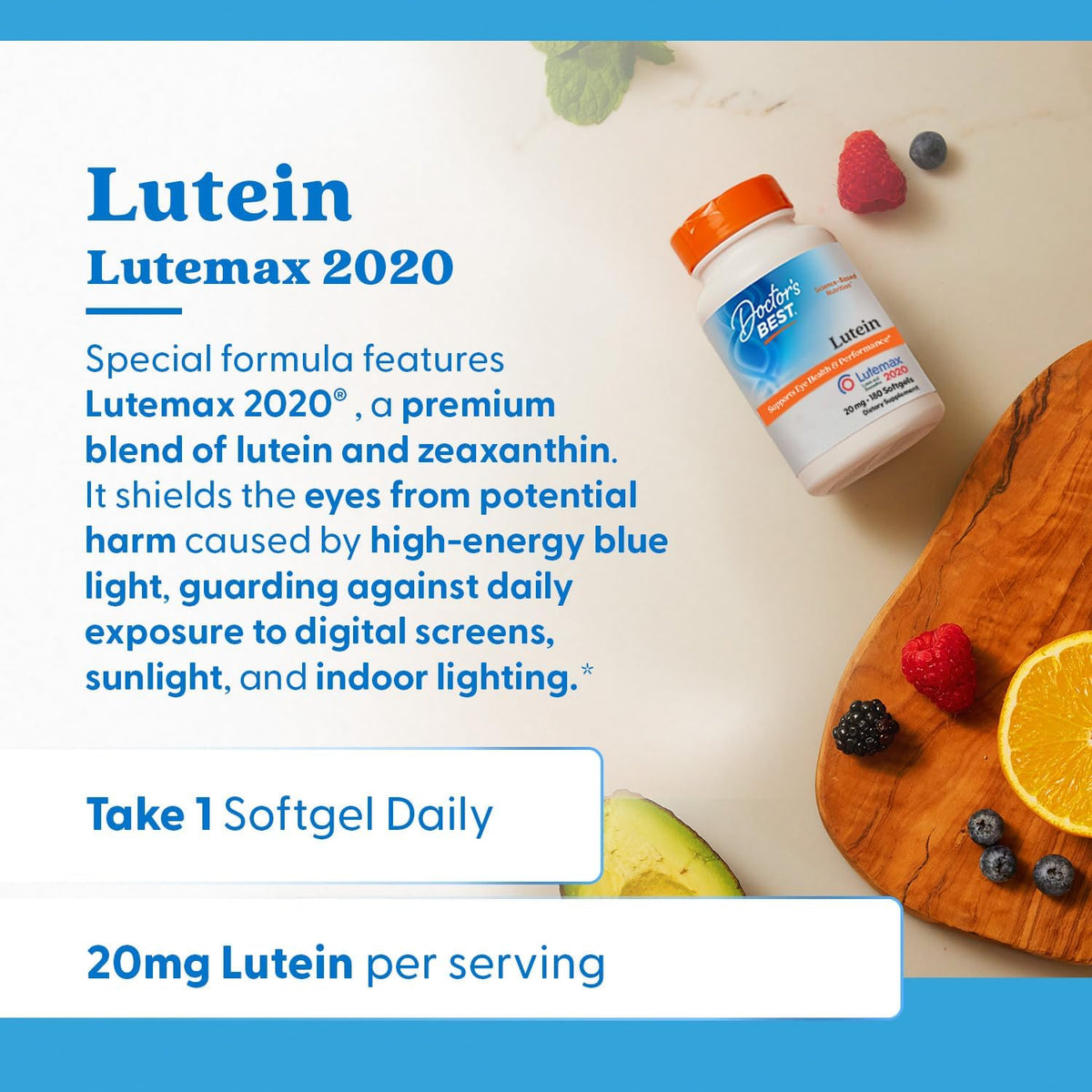 Doctor's Best Lutein Supplement 20mg with Zeaxanthin, 180 Softgels