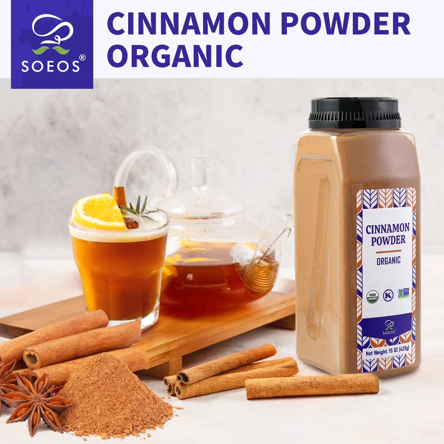 Soeos Organic Cinnamon Powder, 15 oz, Ground Cinnamon, Non-GMO, Kosher
