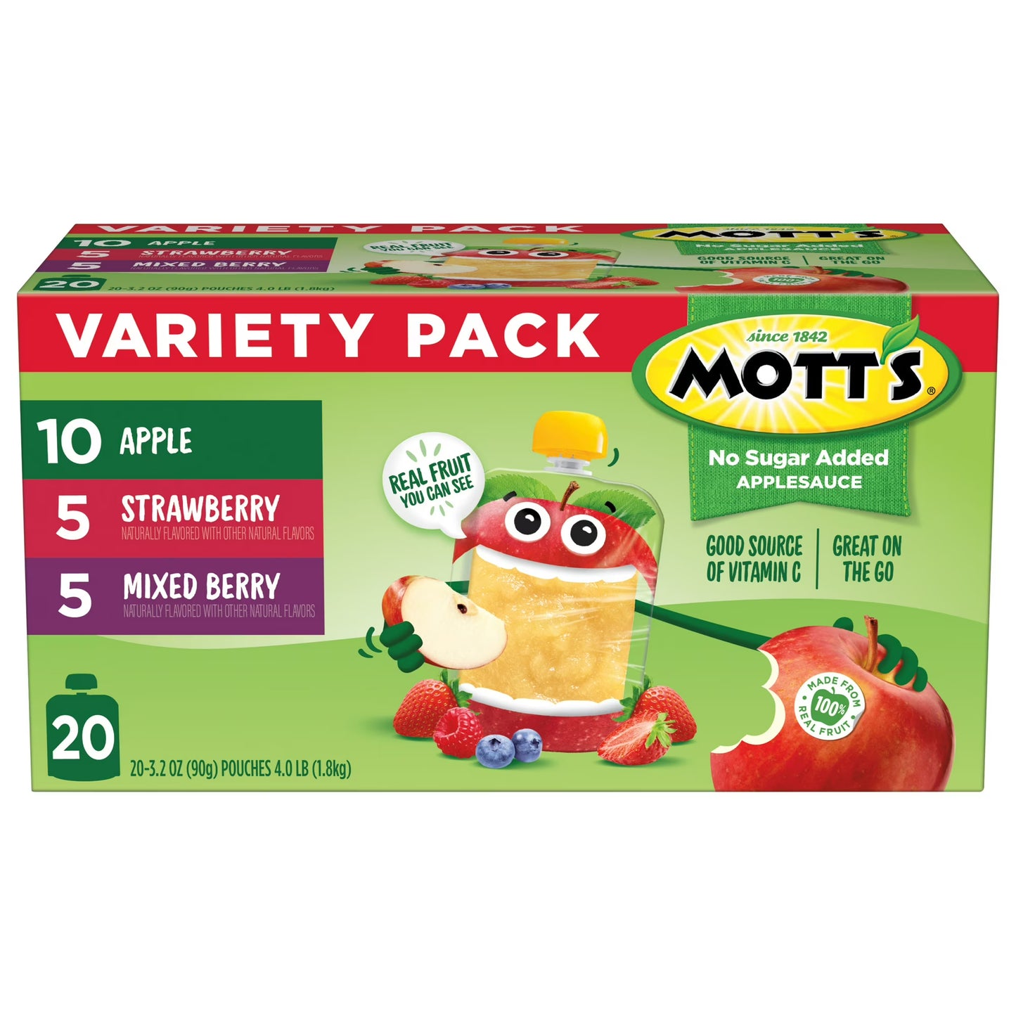 Mott's No Sugar Added Applesauce Variety Pack, 3.2 oz, 20 Count Clear Pouches