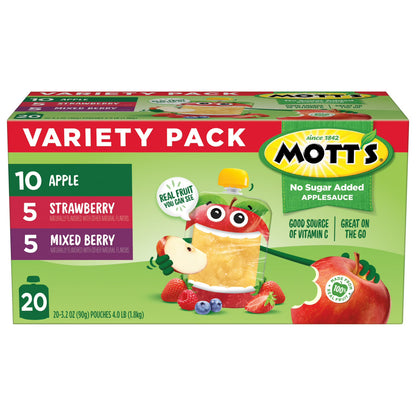 Mott's No Sugar Added Applesauce Variety Pack, 3.2 oz, 20 Count Clear Pouches