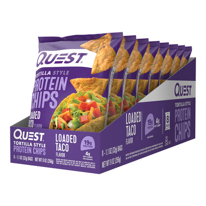 Quest Tortilla Style Protein Chips with 19g of Protein, Loaded Taco Flavor, 1.1 Oz Bags, 8 Count