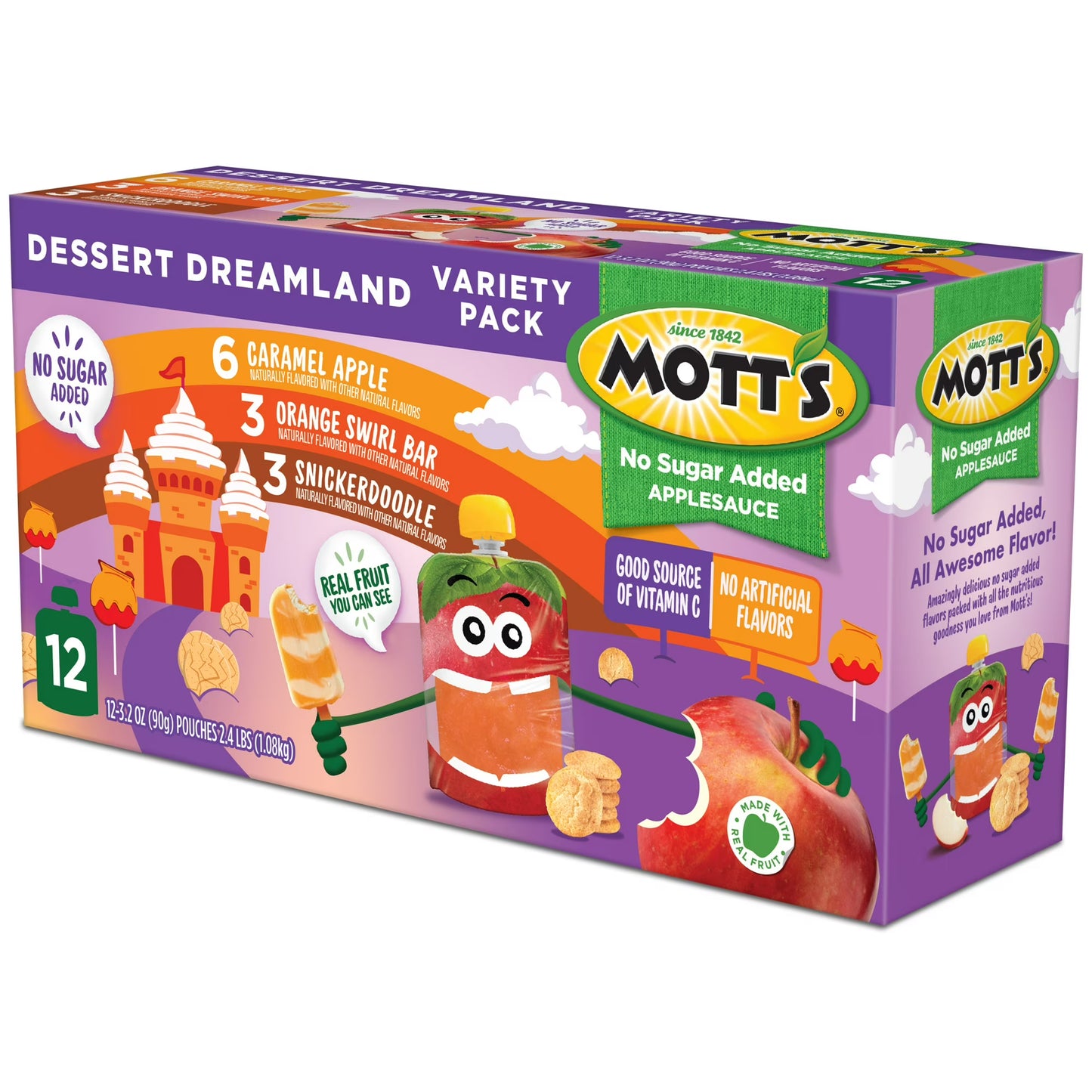 Mott’s No Sugar Added Dessert Dreamland Applesauce Variety Pack, 3.2 oz, 12 Count Clear Pouches