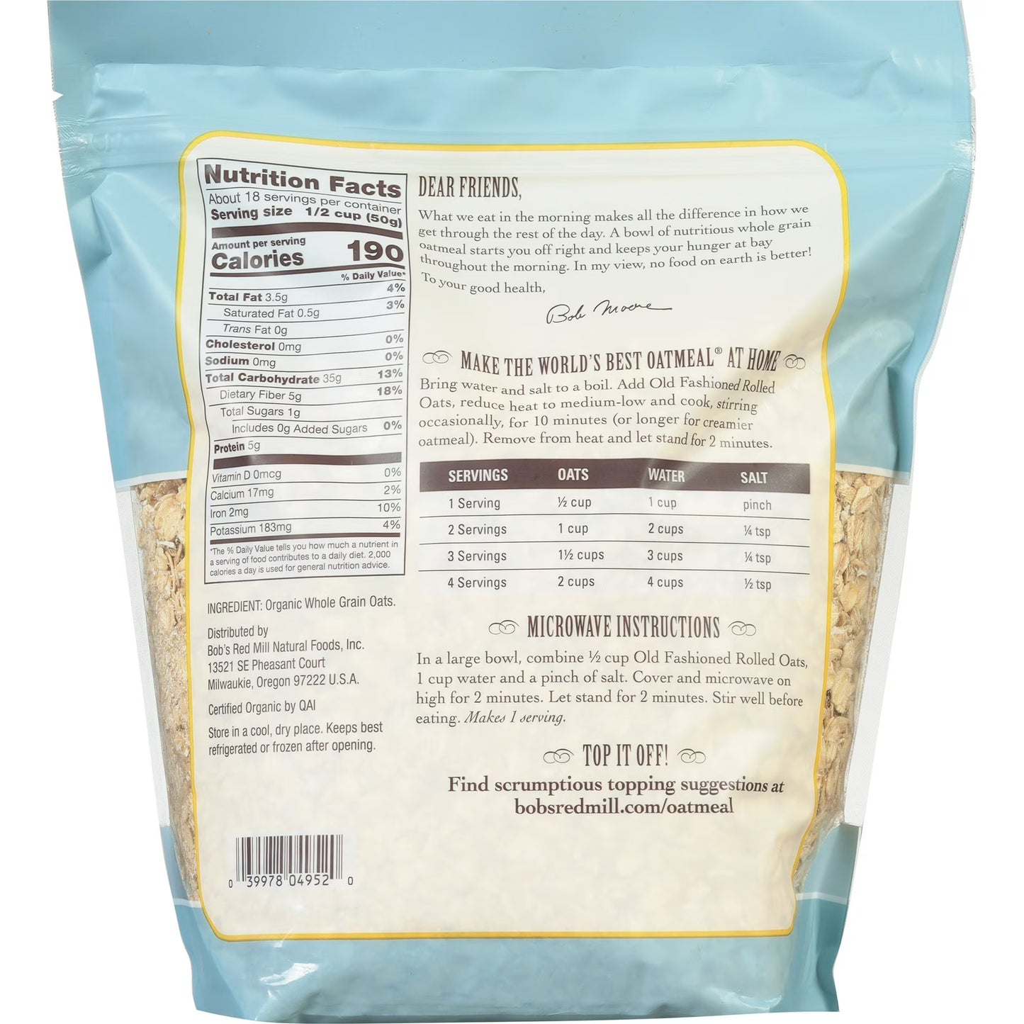 Bob's Red Mill Non-GMO Organic Old Fashioned Rolled Oats 32 oz Bag