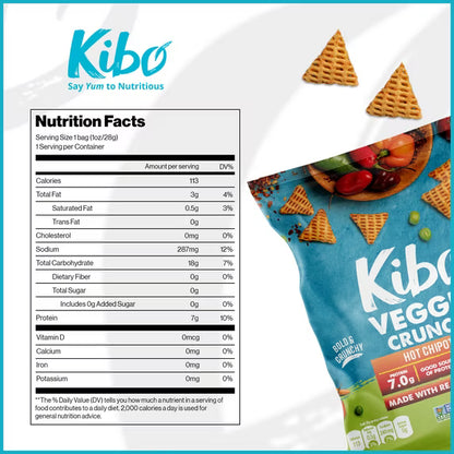 Kibo Healthy Snacks Veggie Chips High Protein, Plant Based, Vegan, Gluten Free, Non GMO, Kosher, Bold & Crunchy - Hot Chipotle - 1 oz, 12 Count