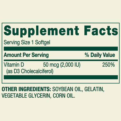 Spring Valley Vitamin D3 Softgels, 50 mcg (2,000 IU), 200 Count, Supplement for Bone and Immune Health