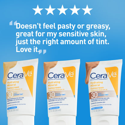 (2 pack) CeraVe Sunscreen Tinted Hydrating 100% Mineral Broad-Spectrum Lotion SPF 30 for Face with Sheer Tint