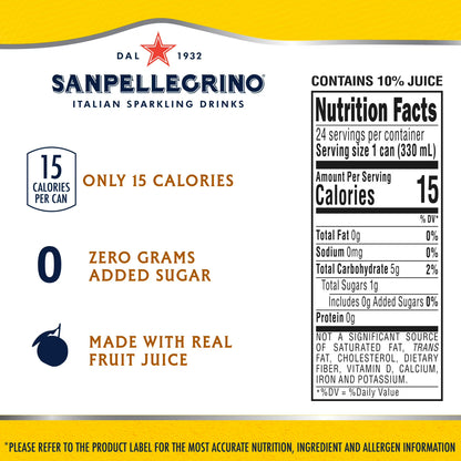 SanPellegrino Soda Italiana Sparkling Lemonade, Low Calorie Zero Added Sugar, 24 Pack Cans