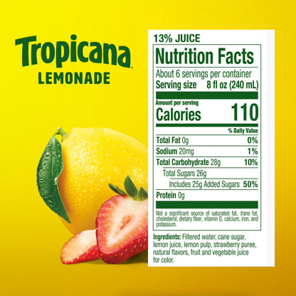 Tropicana Refreshers Strawberry Lemonade, Made with Real Lemons, 46 fl oz Bottle
