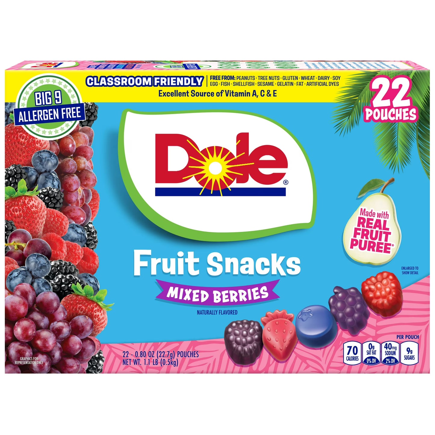 Dole Fruit Snacks, Mixed Berries Flavored, Big 9 Allergen Free, Dye Free, Gluten Free, Gelatin Free, Lunch Snacks 22 Count