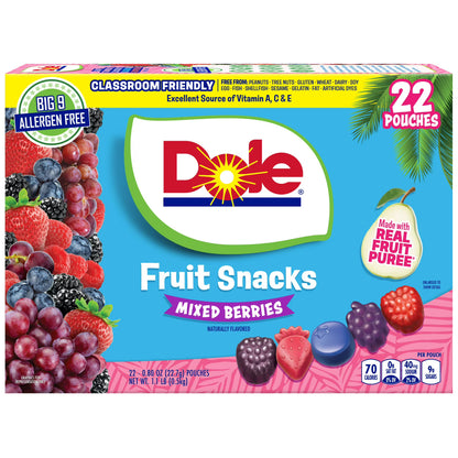 Dole Fruit Snacks, Mixed Berries Flavored, Big 9 Allergen Free, Dye Free, Gluten Free, Gelatin Free, Lunch Snacks 22 Count