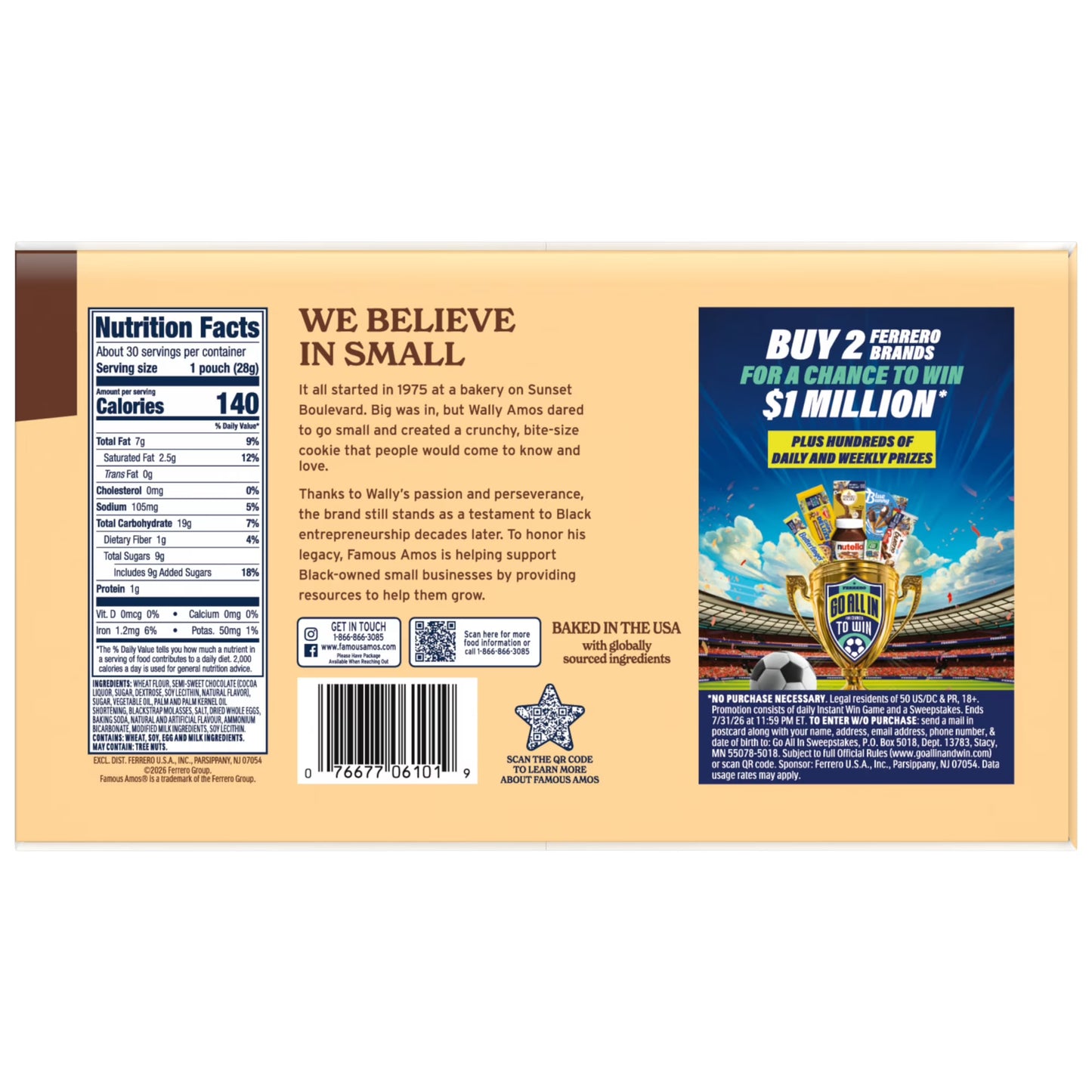 Famous Amos Classic Chocolate Chip Cookies, Bite-size cookies, Sweet Treats, 30 Pack Box, 1 oz Bag