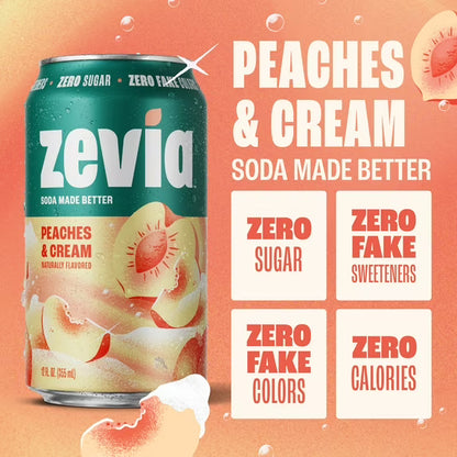 Zevia Zero Sugar, 0 Calorie Peaches and Cream Soda Pop, 12 fl oz, 8 Pack