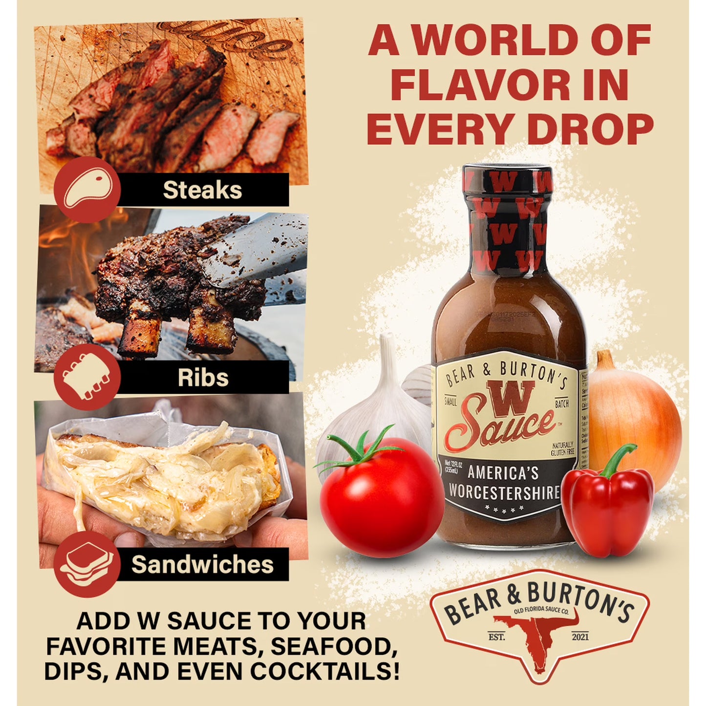 Bear and Burton's W Sauce | Distinctive Worcestershire Sauce Blend | Perfect for Steaks, Dressings & Marinades | 12 Oz - Pack of 2