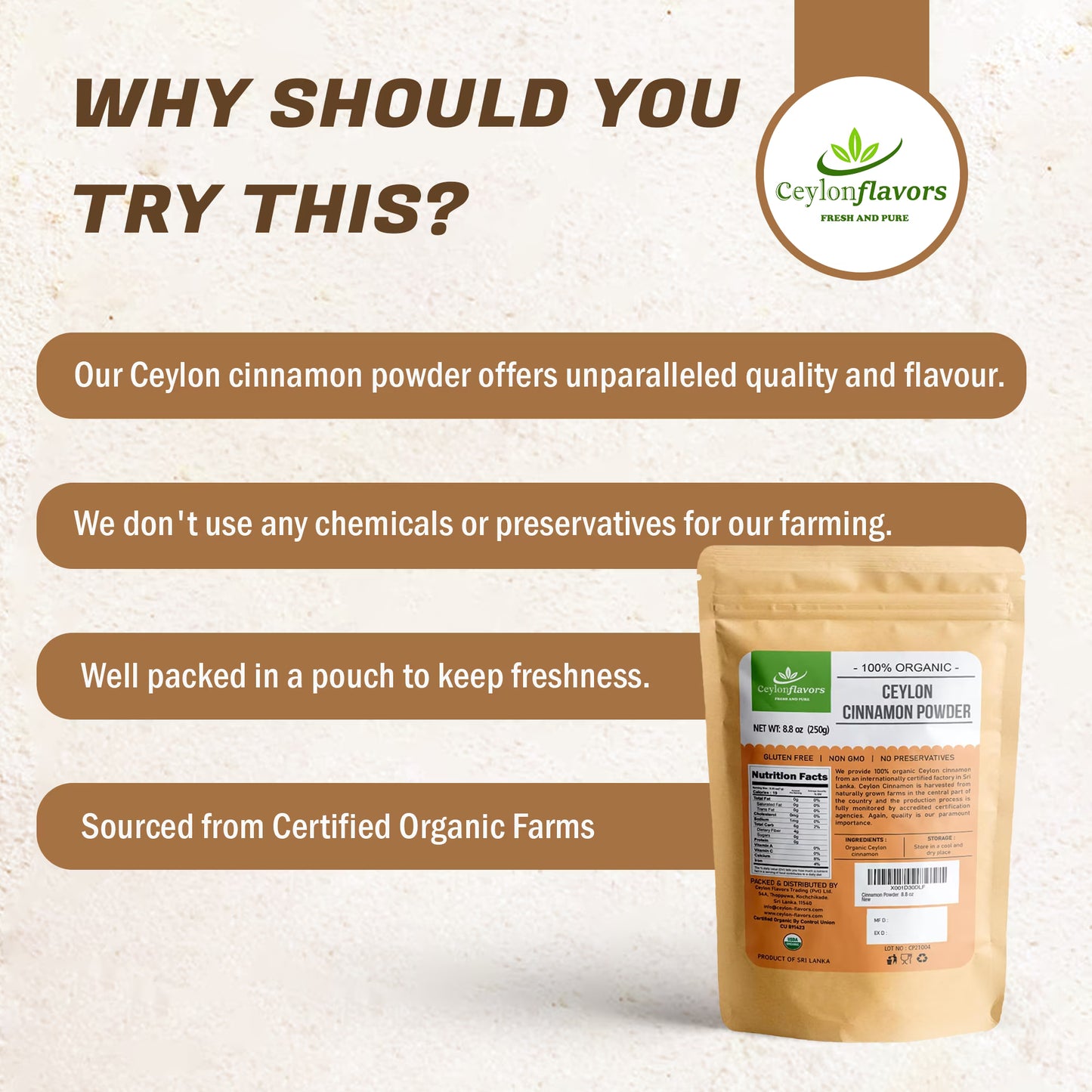 Organic Ceylon cinnamon powder premium special grade from a USDA certified farm in Sri Lanka 8.8 oz (250 g)
