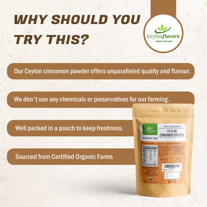 Organic Ceylon cinnamon powder premium special grade from a USDA certified farm in Sri Lanka 8.8 oz (250 g)