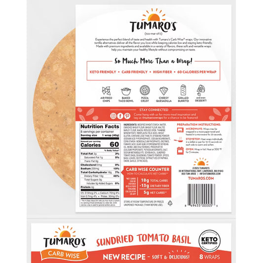 Tumaro's Sundried Tomato Basil Carb Wise Wraps, 3 pack, 24 count