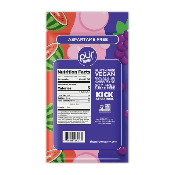 PUR Jumbo Gum, Aspartame Free Chewing Gum, 100% Xylitol, Natural Bubblegum, Grape, Watermelon Flavor, 20 Pieces, Pack of 1