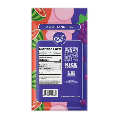 PUR Jumbo Gum, Aspartame Free Chewing Gum, 100% Xylitol, Natural Bubblegum, Grape, Watermelon Flavor, 20 Pieces, Pack of 1