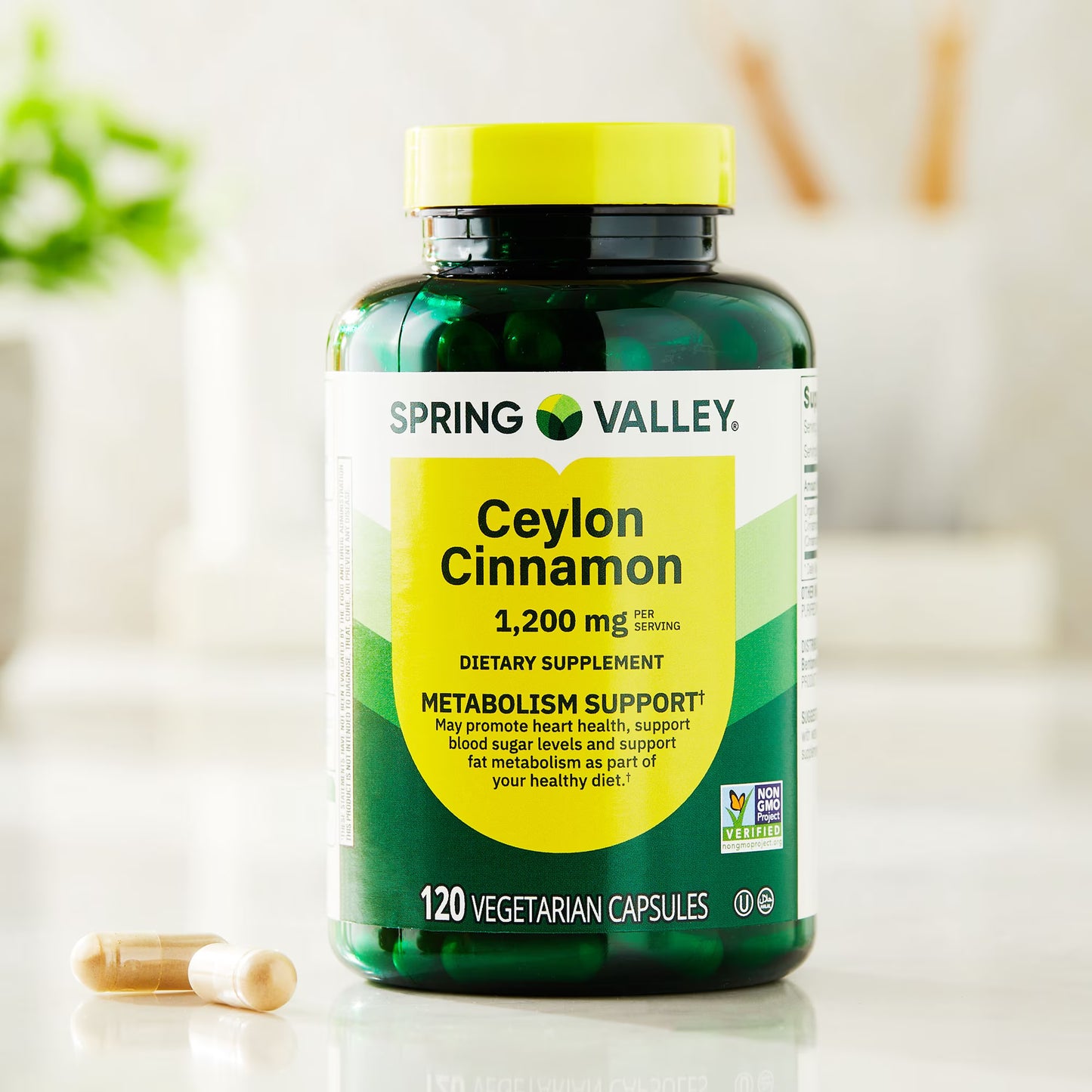 Spring Valley Ceylon Cinnamon Dietary Supplement Vegetarian Capsules for Metabolism Support, 1,200 mg, 120 Count