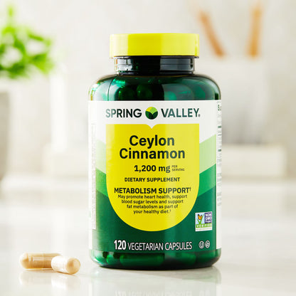 Spring Valley Ceylon Cinnamon Dietary Supplement Vegetarian Capsules for Metabolism Support, 1,200 mg, 120 Count