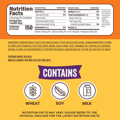 Thomas' Cinnamon Raisin English Muffin, 6 count, English Muffins, 13 oz Tray