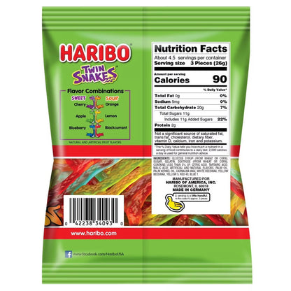 HARIBO Twin Snakes Gummies Original Sweet and Sour Assorted Fruit Flavor Gummy Candy, 4 oz, Share Size Peg Bag