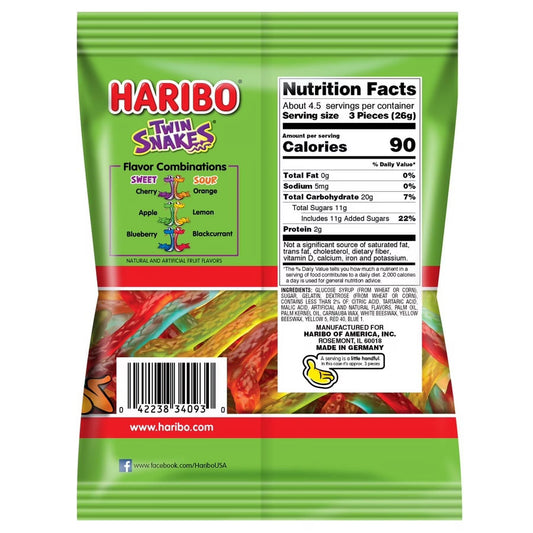 HARIBO Twin Snakes Gummies Original Sweet and Sour Assorted Fruit Flavor Gummy Candy, 4 oz, Share Size Peg Bag