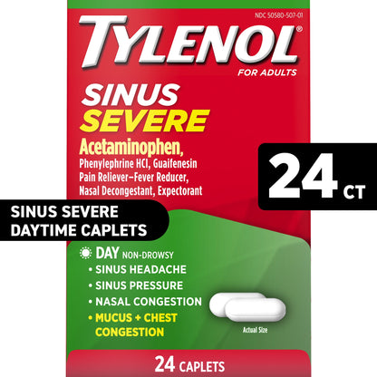 Tylenol Sinus Severe Daytime Caplets, Non-Drowsy, Pain Reliever, Decongestants for Adults, 24 Count