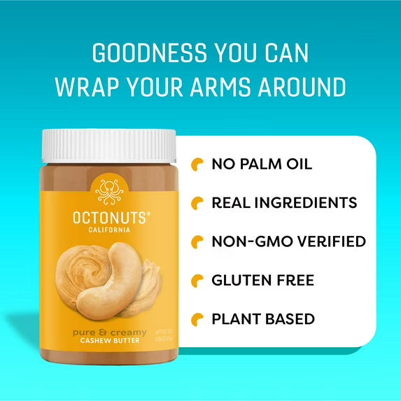 Octonuts Dry Roasted Pure Cashew Nut Butter 16oz - Pure Creamy Nut Butter - Heart Healthy and Delicious - Gluten Free, Vegan, Kosher, Paleo, Non-GMO Nut Butters Single Ingredient