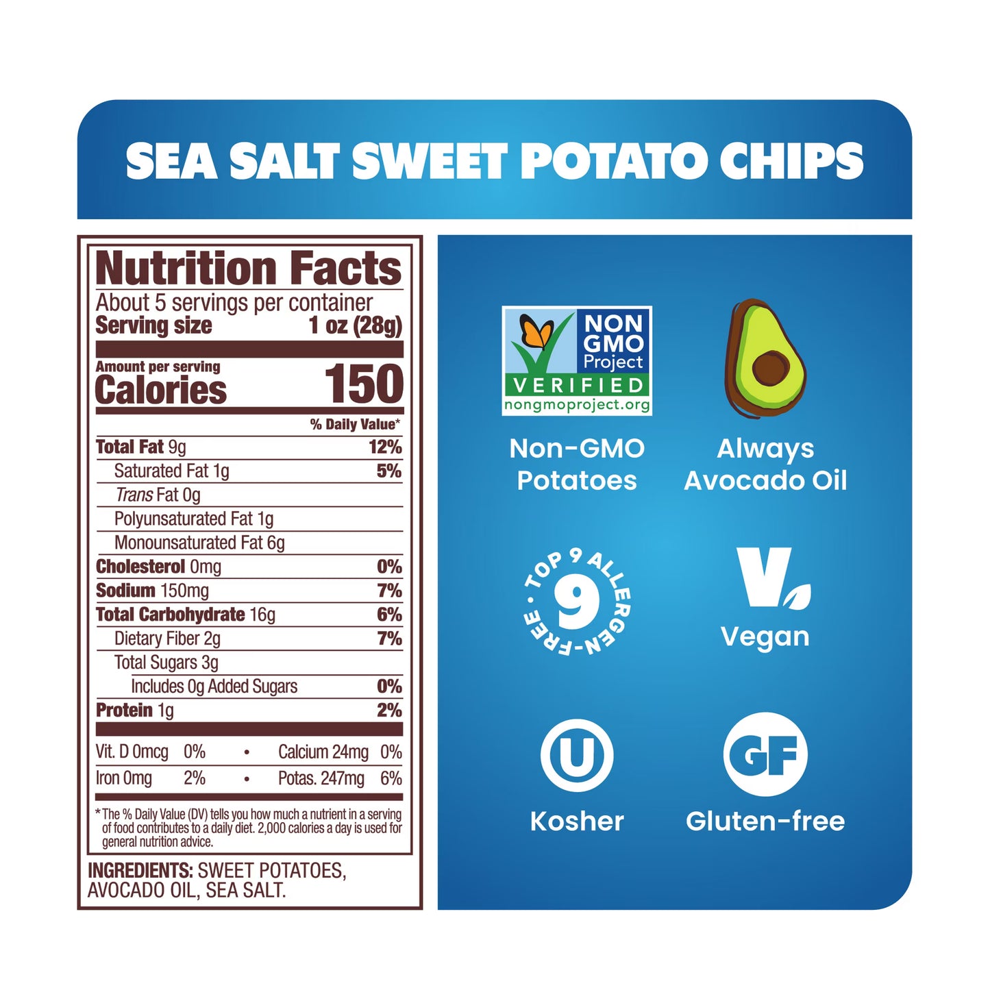 Jackson's Sweet Potato Kettle Chips with Sea Salt, Avocado Oil, Free of Top 9 Allergens, 5 oz