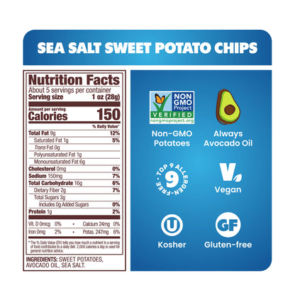 Jackson's Sweet Potato Kettle Chips with Sea Salt, Avocado Oil, Free of Top 9 Allergens, 5 oz