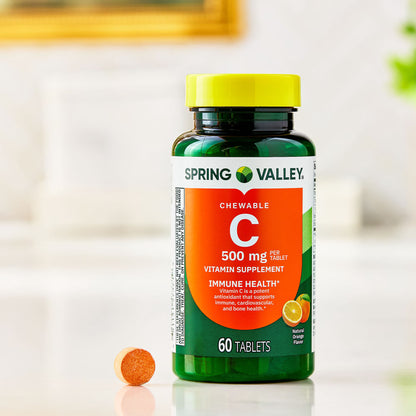 Spring Valley Vitamin C Dietary Supplement, Orange Flavor, 500 mg, 60 Count, Chewable Tablets