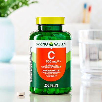 (3 pack) Spring Valley Vitamin C with Rose Hips, 500 mg, 250 Count, Dietary Supplement Tablets for Immune Health