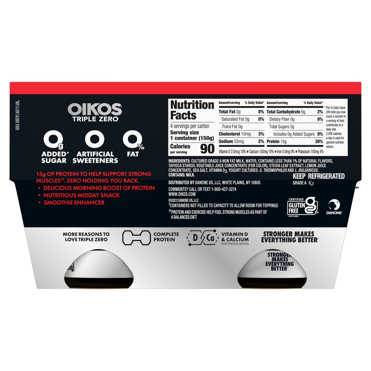Oikos Triple Zero 15g Protein Fat Free Strawberry Greek Yogurt Cups, 5.3 oz, 4 Ct