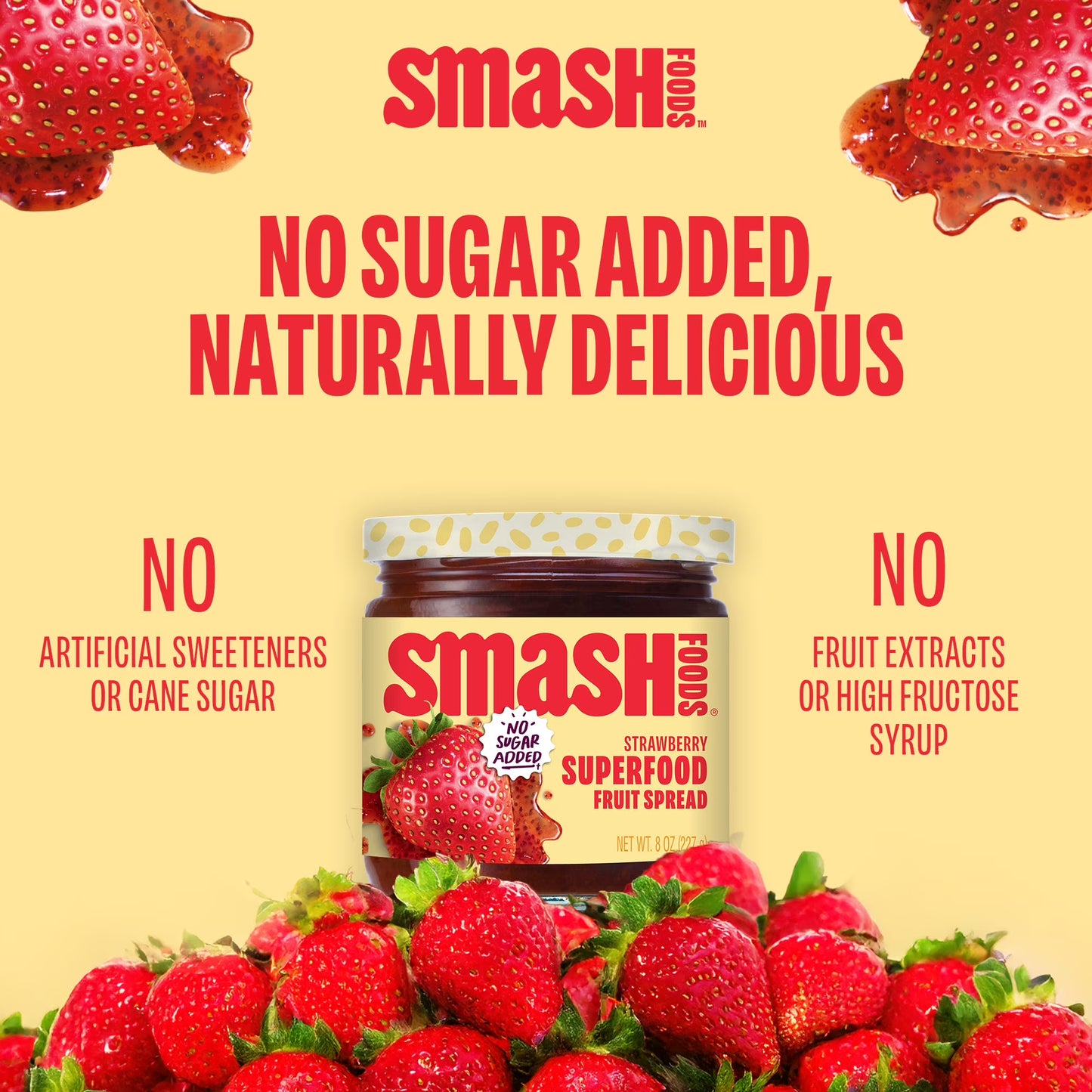 (3 pack) Smash Foods, Strawberry Jam, No Sugar Added, Low-Calorie, Vegan (1 Jar)