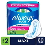 (6 pack) Always Maxi Pads with Wings, Size 2, Long Super, 60 Count