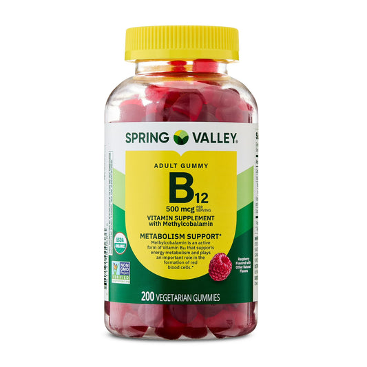 (3 pack) Spring Valley Vitamin B12 Supplement Vegetarian Gummies for Metabolism Support, Raspberry Flavor, 500 mcg, 200 Count