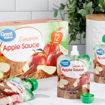 (4 pack) Great Value Cinnamon Applesauce, 3.2 oz, 12 Pouches