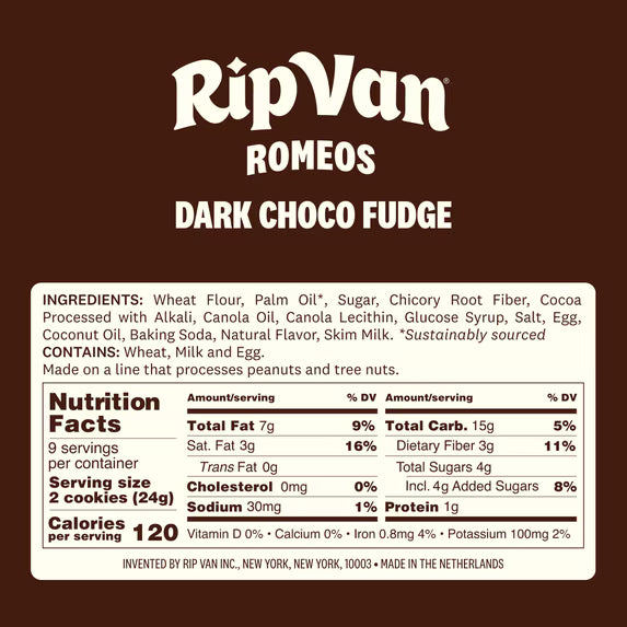 Rip Van Keto Dark Chocolate Fudge Cookies, Low Sugar, Healthy Snack, 2 Packs (18 Count)