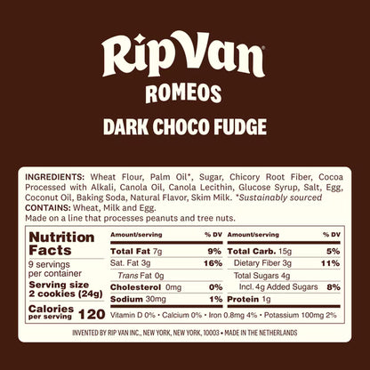 Rip Van Keto Dark Chocolate Fudge Cookies, Low Sugar, Healthy Snack, 2 Packs (18 Count)