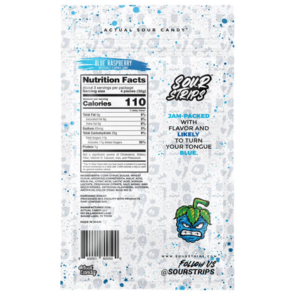 Sour Strips Blue Raspberry Flavored Chewy, Sour Candy Bag, 3.4 oz