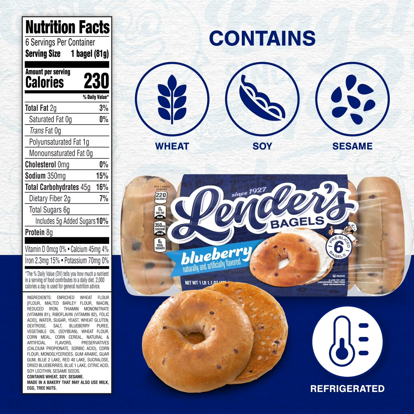 Lender's Original Blueberry Bagels, 6 count, Pre-sliced Refrigerated Bagels, 17.1 oz Bag