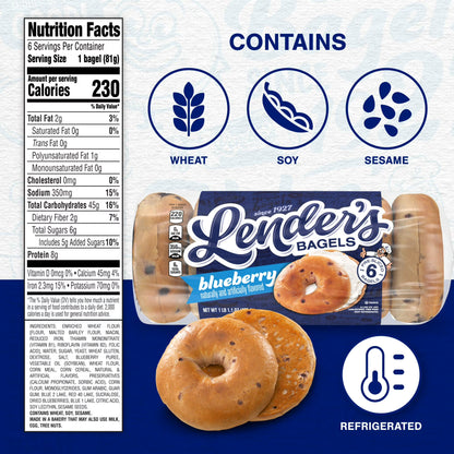 Lender's Original Blueberry Bagels, 6 count, Pre-sliced Refrigerated Bagels, 17.1 oz Bag