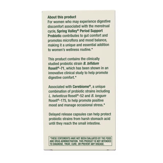 Spring Valley Women's Period Support Probiotic Dietary Supplement Delayed-Release Vegetarian Capsules for Digestive and Women's Health, 30 Count