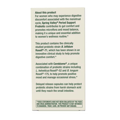 Spring Valley Women's Period Support Probiotic Dietary Supplement Delayed-Release Vegetarian Capsules for Digestive and Women's Health, 30 Count