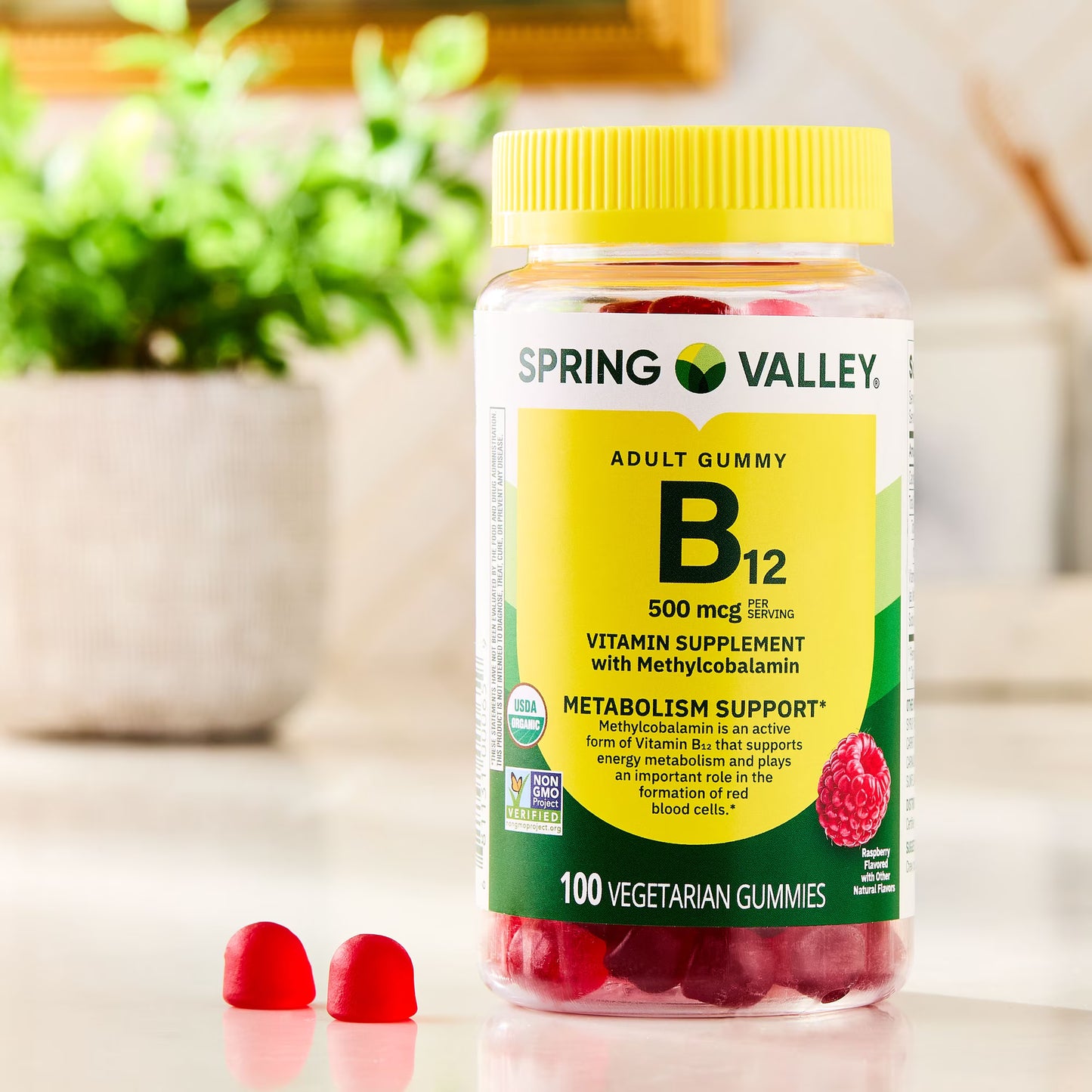 (4 pack) Spring Valley Vitamin B12 Supplement Vegetarian Gummies for Metabolism Support, Raspberry Flavor, 500 mcg, 100 Count